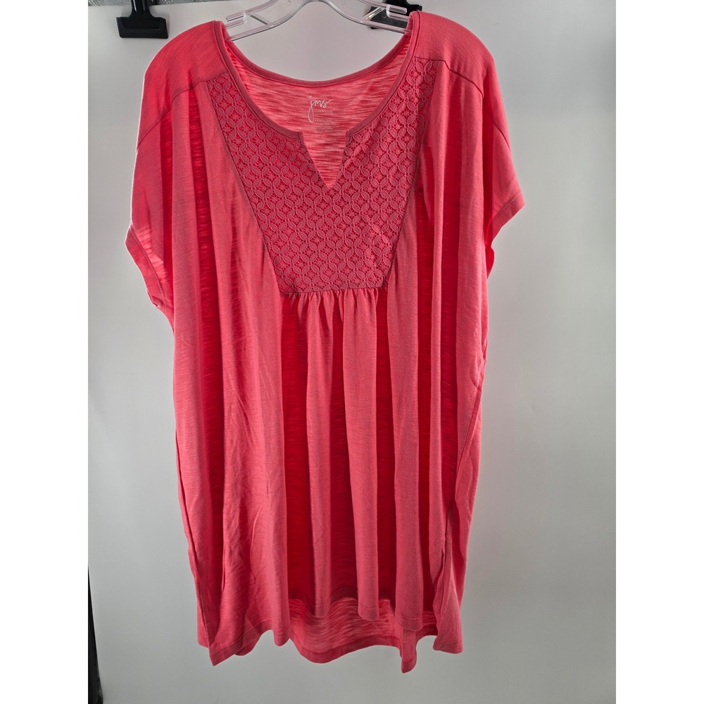 Just My Size Women‎ 3X Coral Pink Crochet Lace Bib Slub Knit Tunic Top OJ248